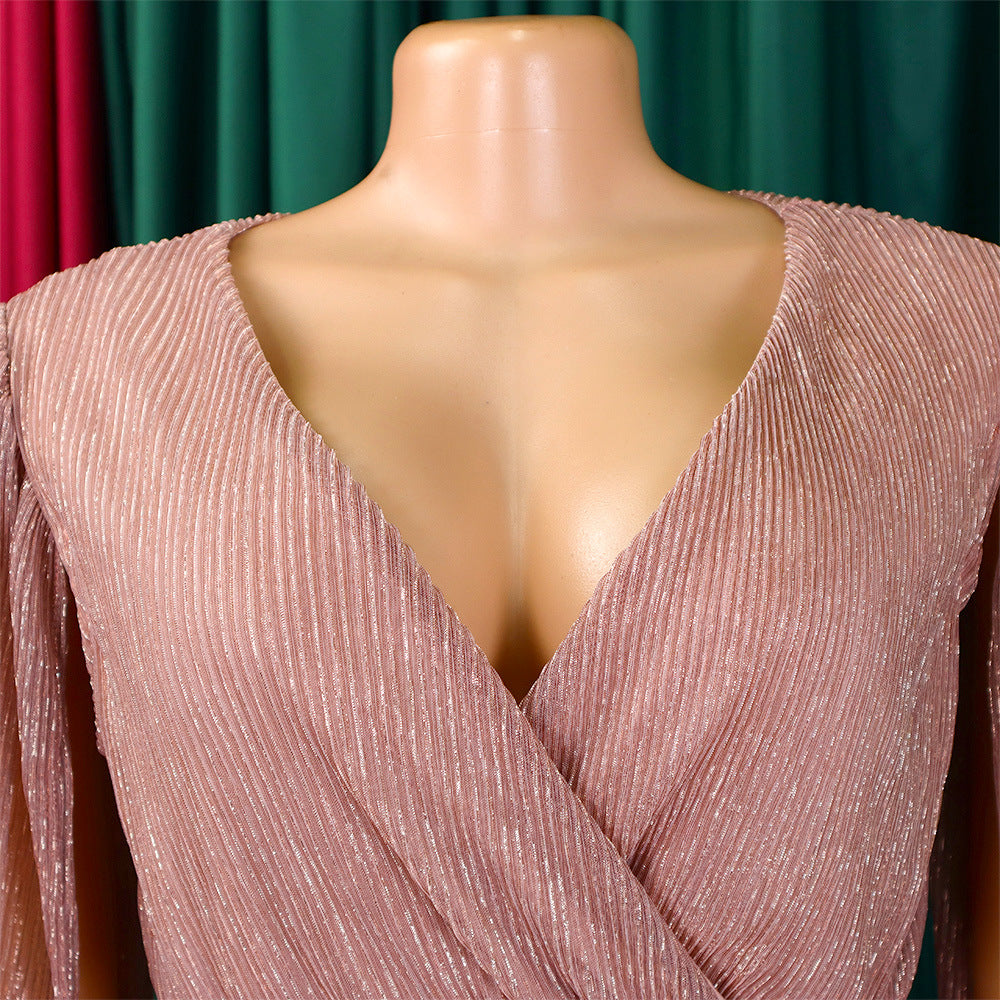 Belted V-Neck Chic Long Sleeve Cape Slim Waist Gown Dress 13