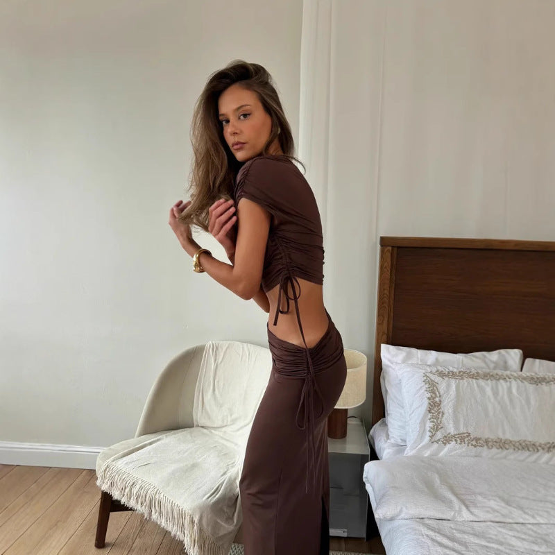 Women's Fashion Slash Shoulder Sexy Crop Top & Slit Skirt Set 4