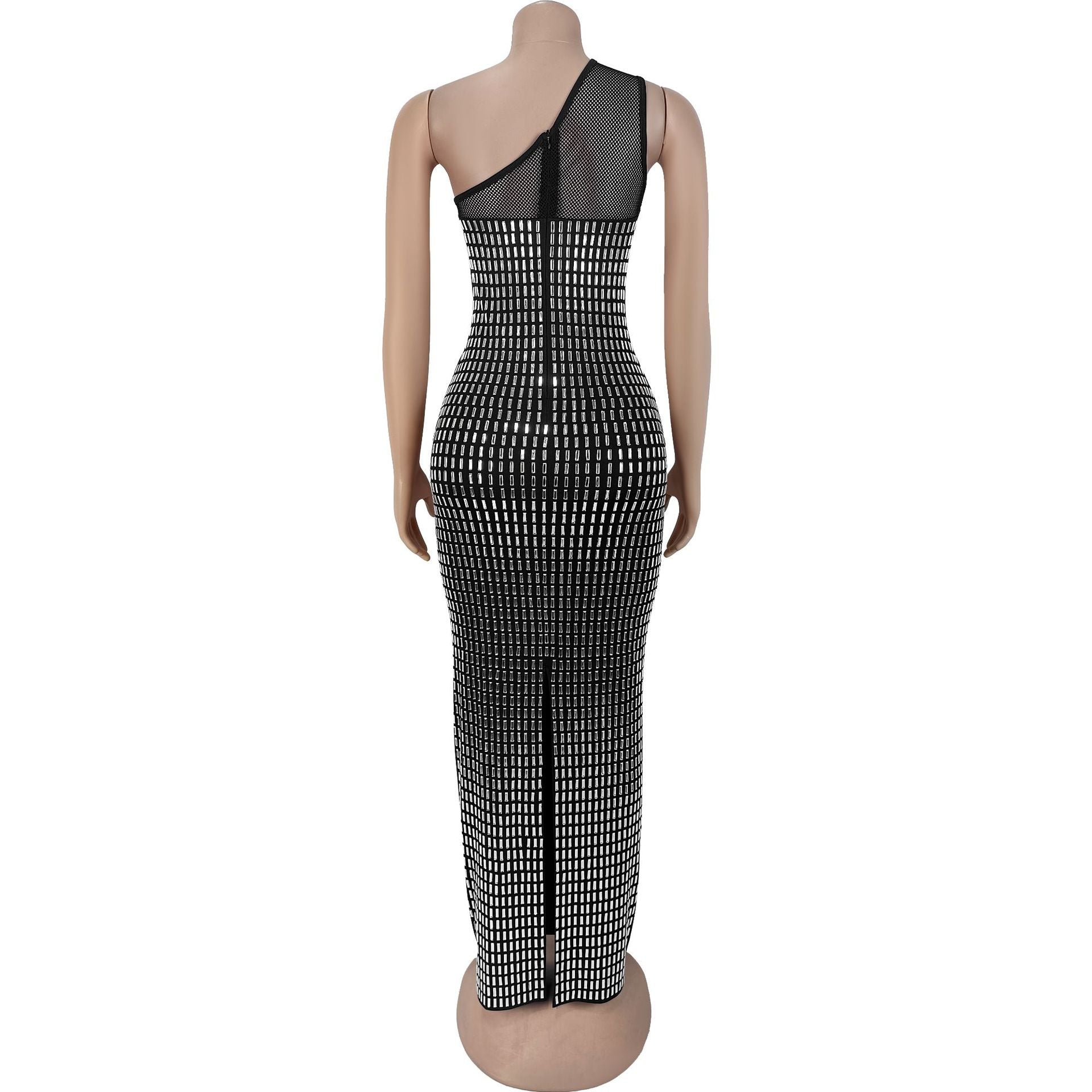 Fashion Women's Sexy Mesh Beaded Slash-Shoulder Sleeveless Long Dress 9