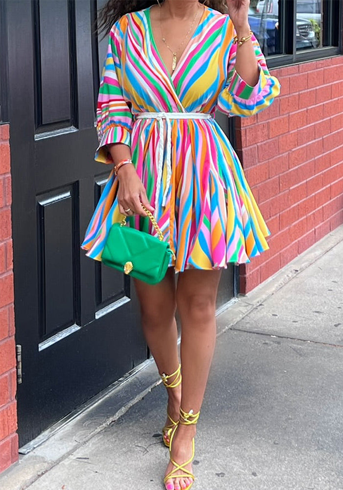 Women striped v-neck sexy belted dress