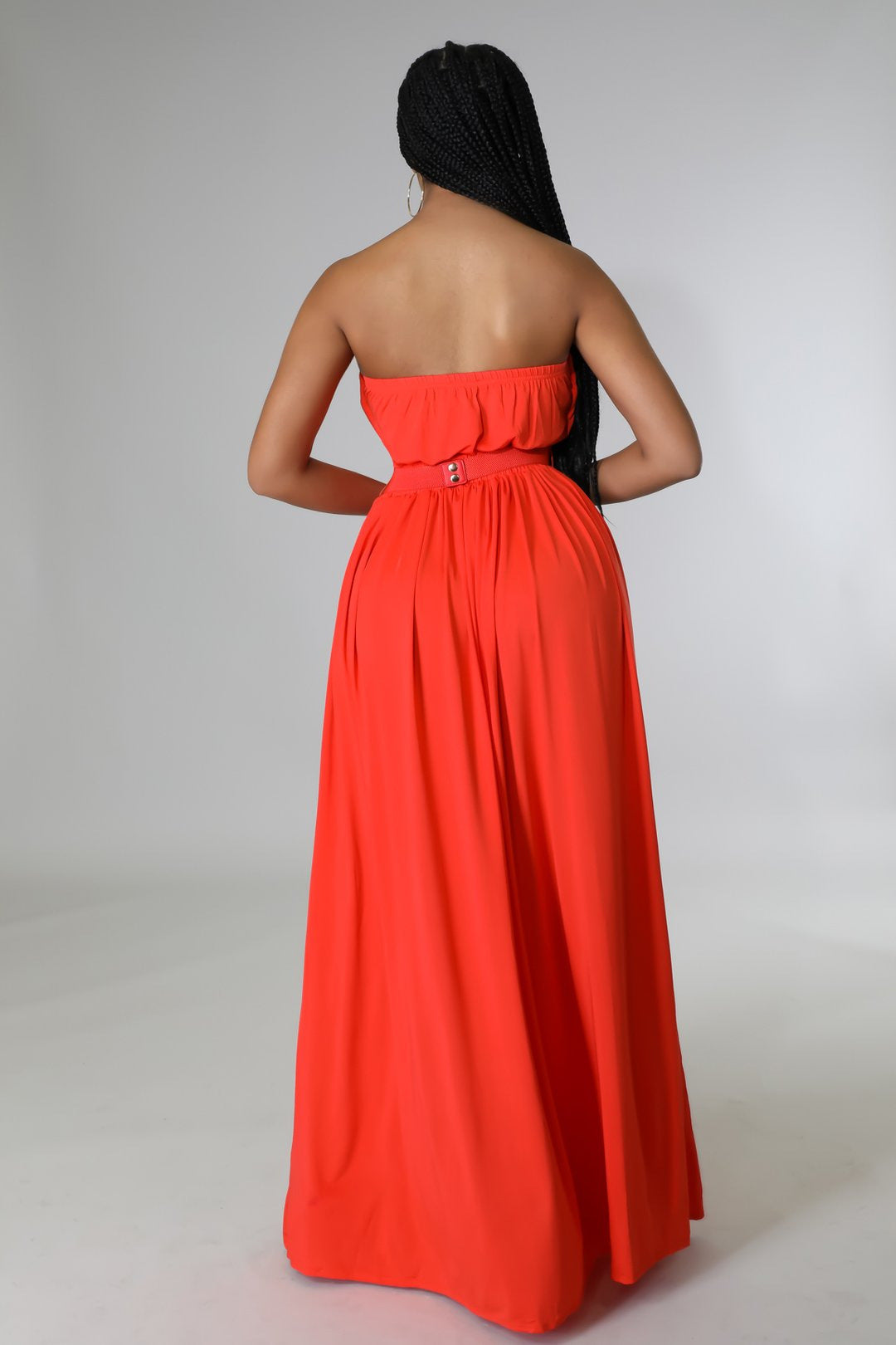 Women Solid Strapless Slit Belt Dress