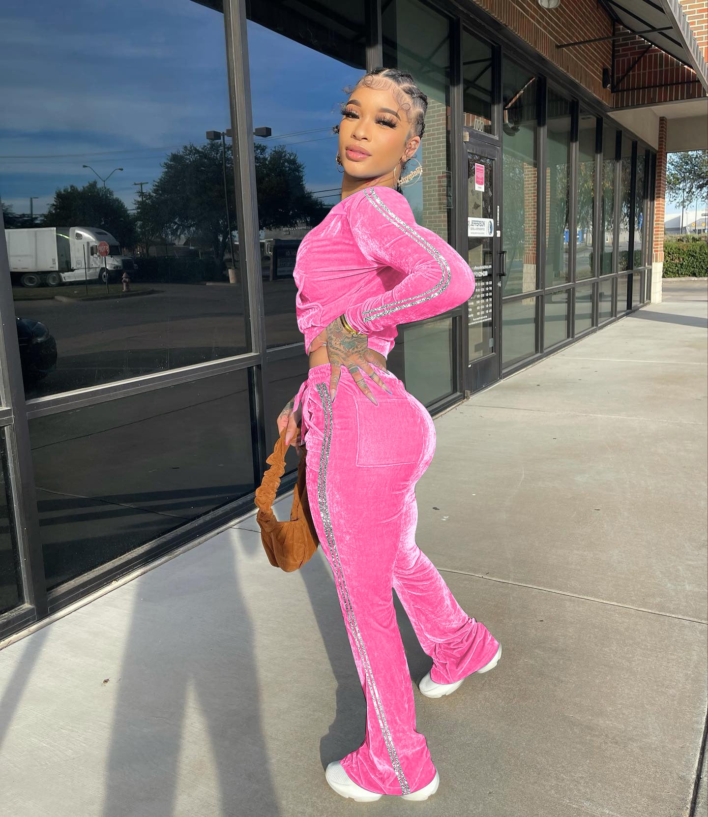 Women's Solid Velvet Casual Zip Top Wide Leg Pants Two Piece Tracksuit 12