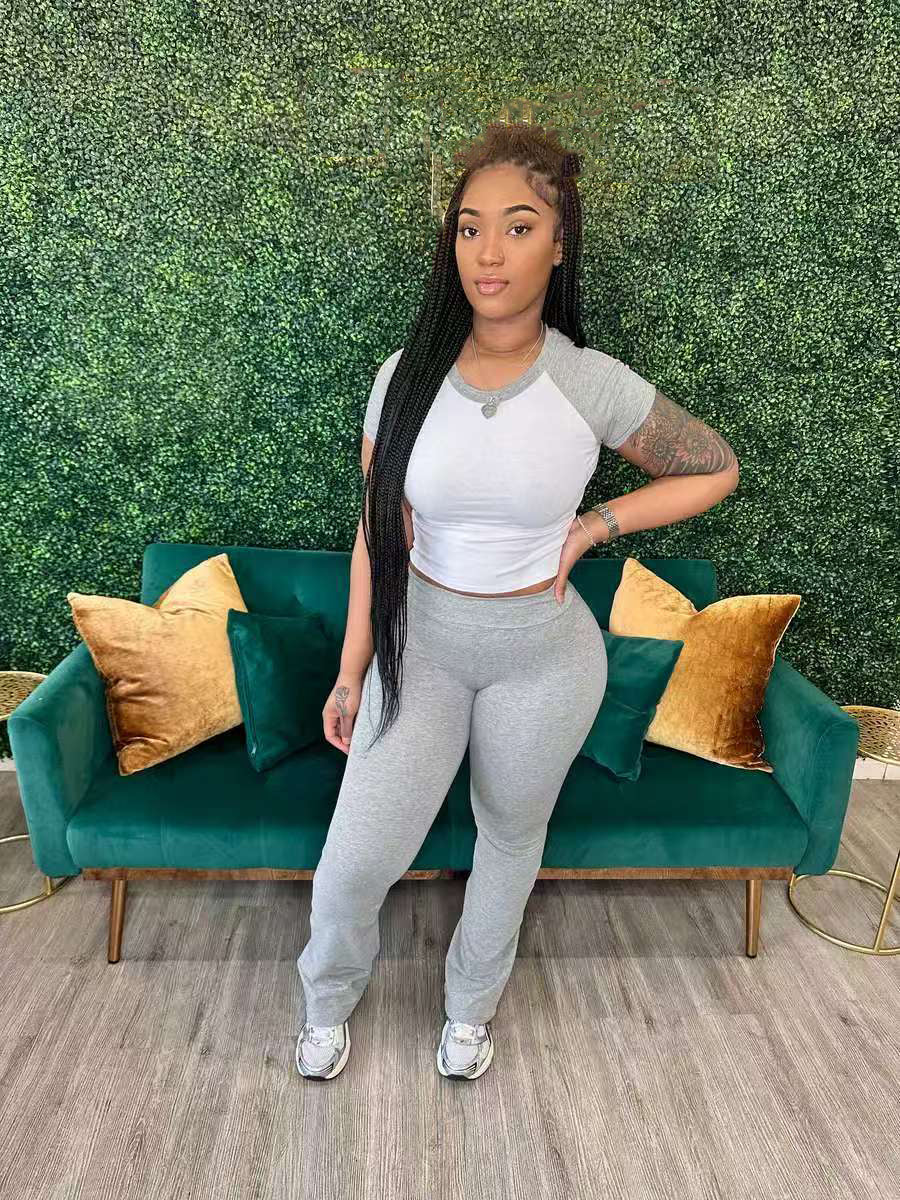 Women Summer Contrast Color Short-Sleeved T-Shirt and Pants Casual Two-Piece Set