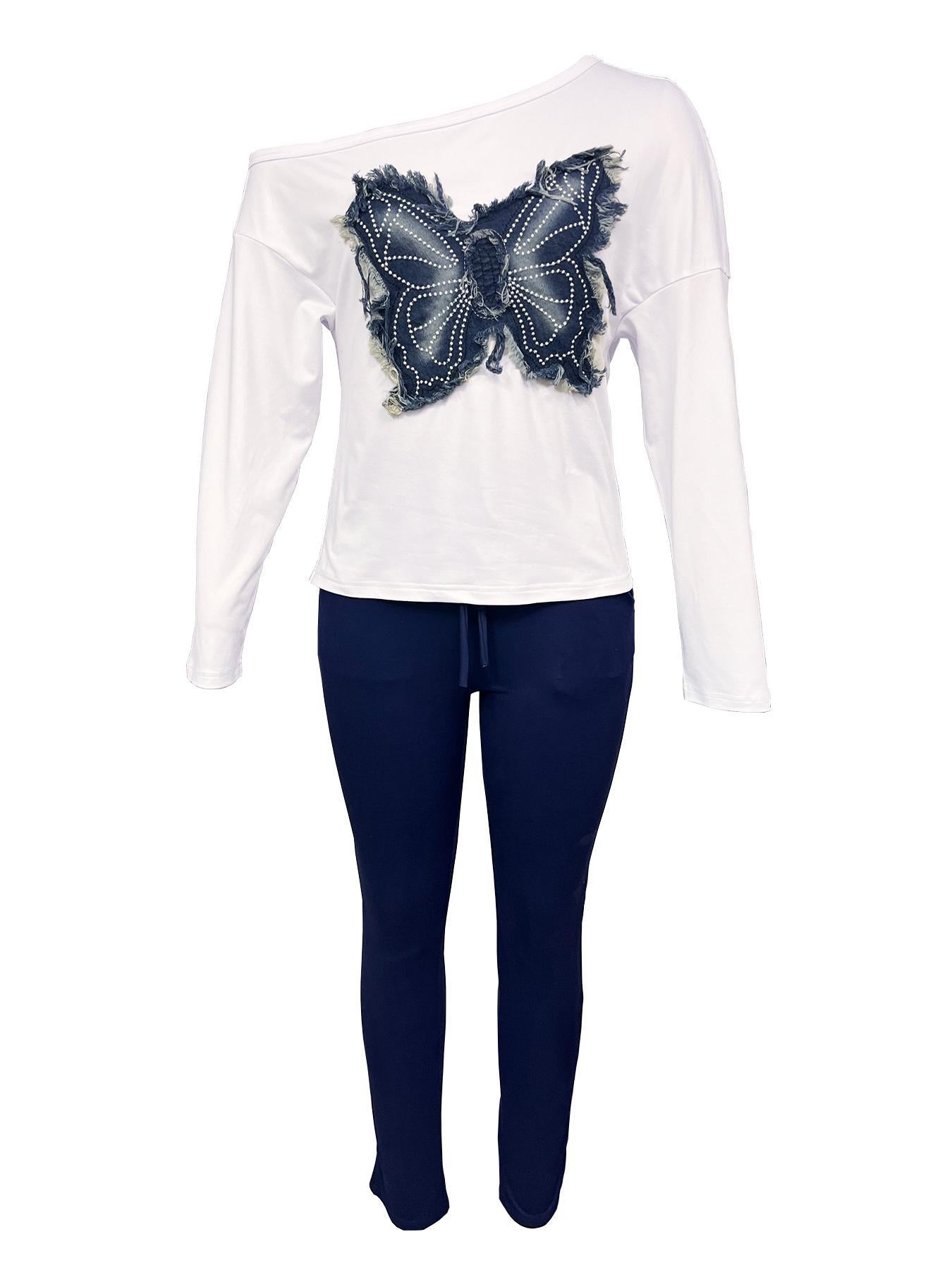 Spring Summer Fashion Contrast Slash Shoulder Casual Butterfly Decoration Long Sleeve Top Pants Two-Piece Set 8