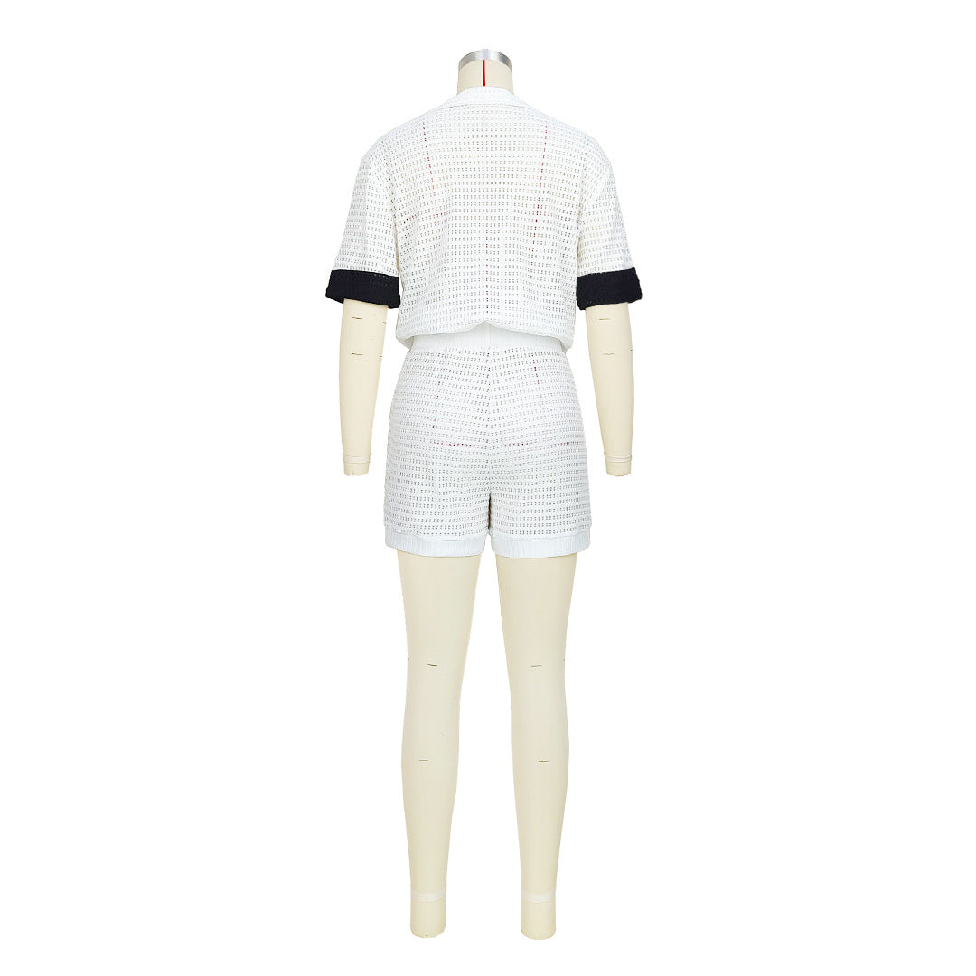 Women Solid Button Short Sleeve Top and Short Two-Piece Set 12