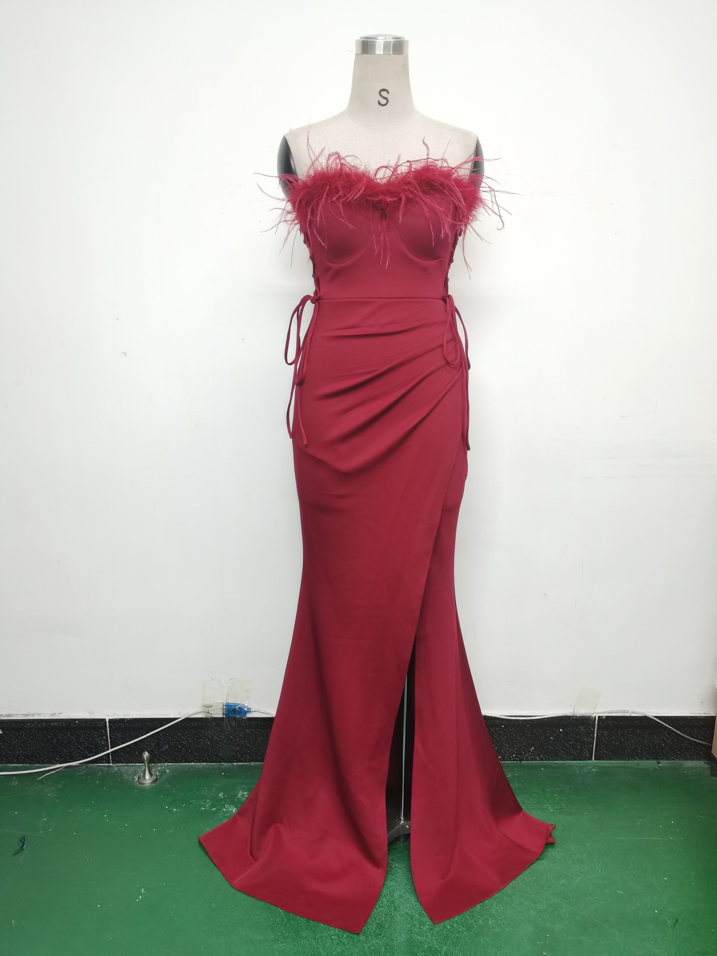 Feather Strap Slim Waist Solid Color Slit Evening Dress 26