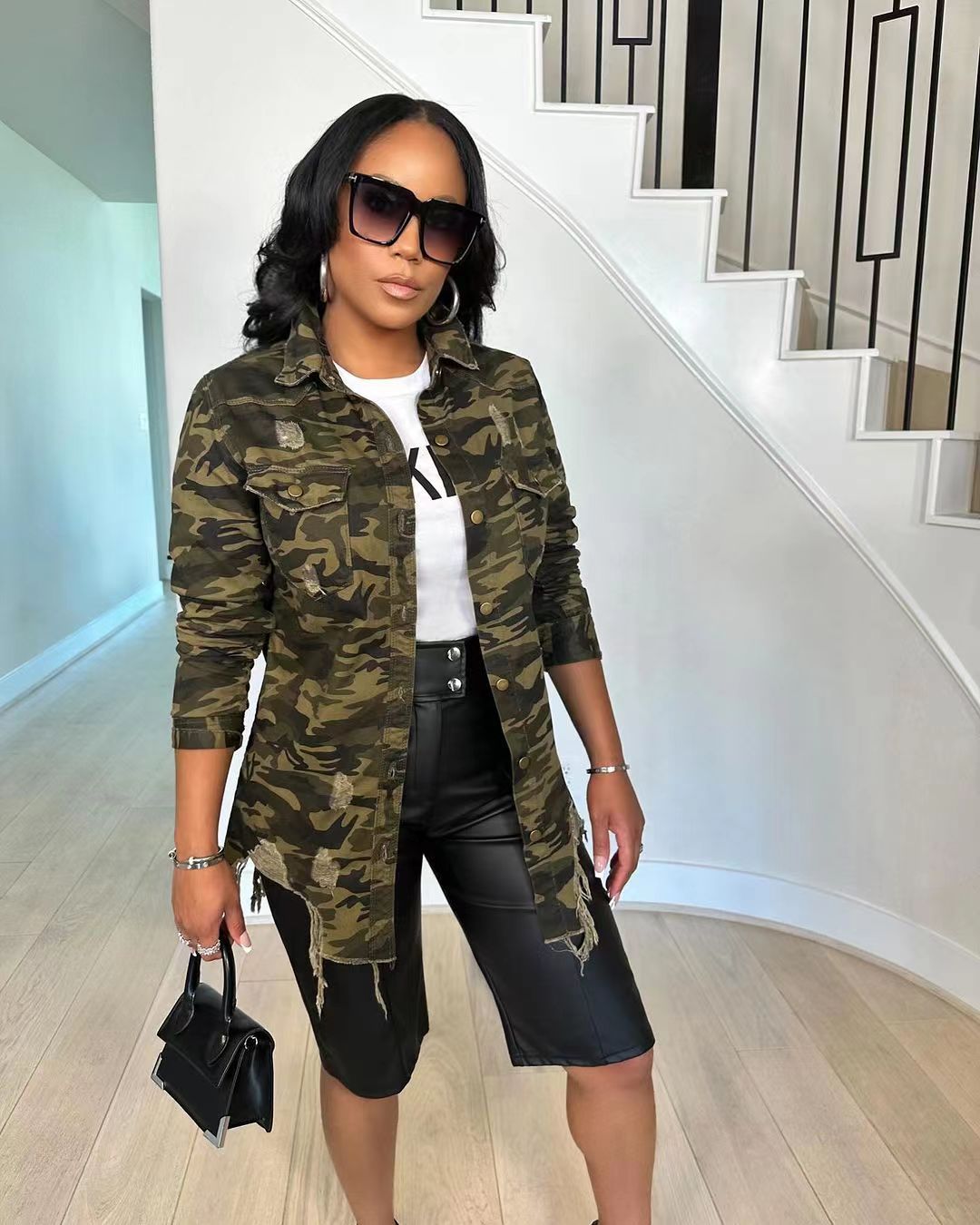 Women's Long Sleeve Camo Ripped Shirt Turndown Collar Long Sleeve Top