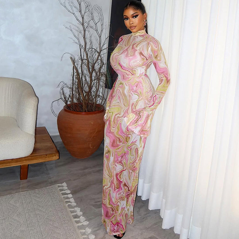 Women's Chic Print Stand Collar Long Sleeve Long Dress 3