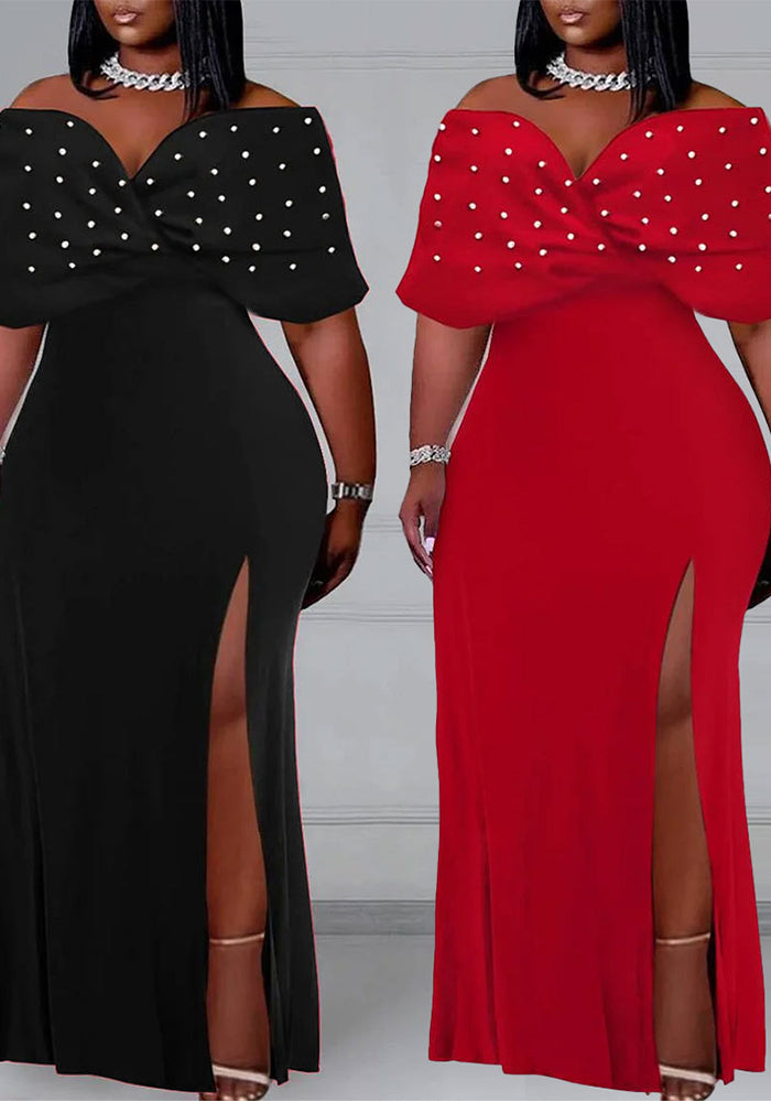 Sexy Pearl Off Shoulder Slit Plus Size Dress