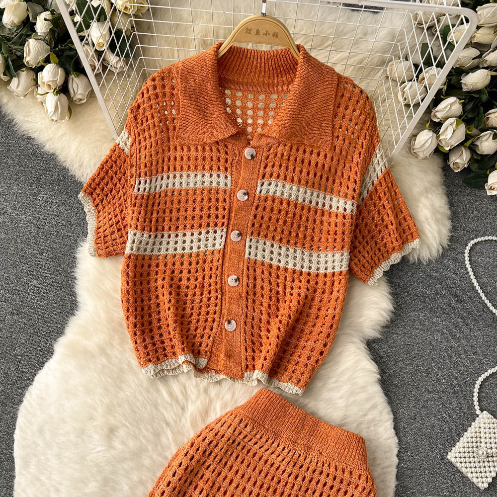 Spring/Summer Holidays Set for Women Turndown Collar Short-Sleeve Loose Top + Slit Skirt Two-Piece Set 10