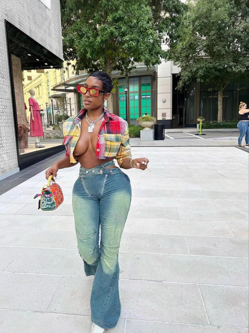 Women's fashion sexy zipper micro Bell Bottom Denim pants