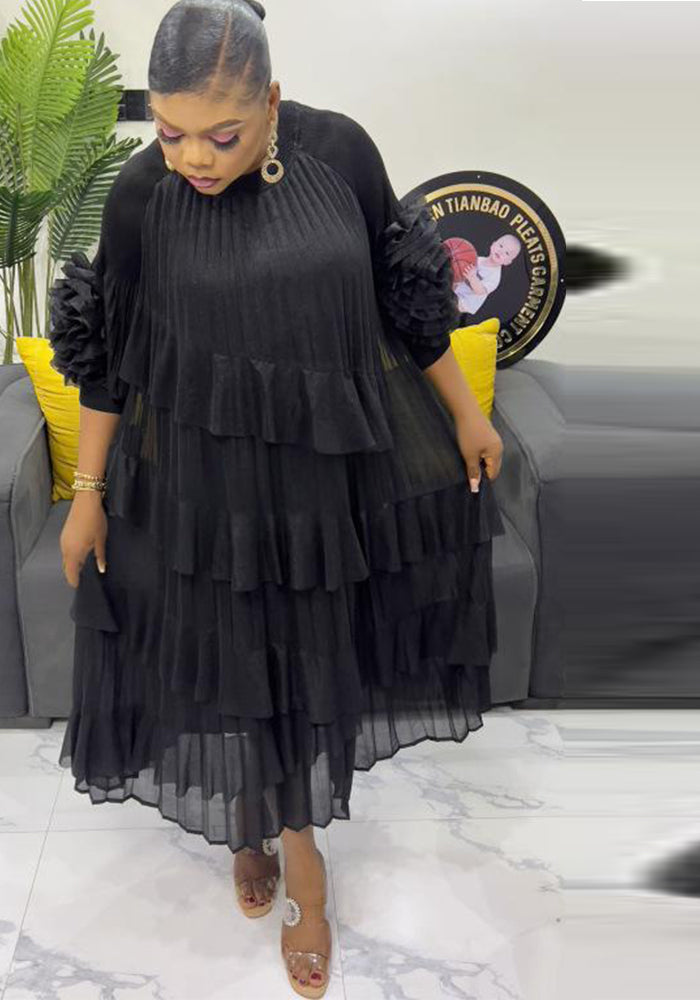 Plus Size African Women pleated Bell Bottom sleeve dress