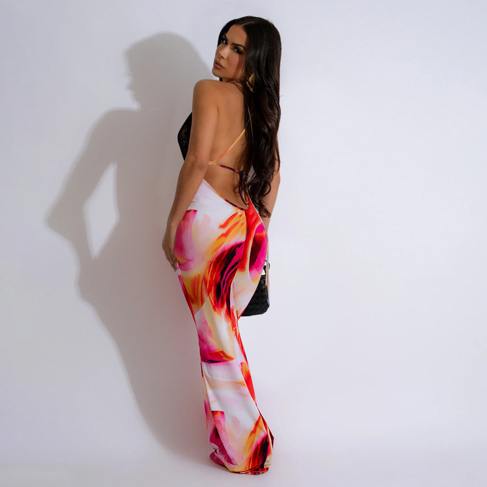 Women's fashion sexy lace patchwork halter v-neck Low Back print slim long dress 17