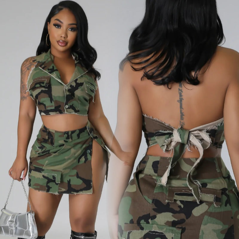 Women's Halter Neck Low Back Trendy Camouflage High Waist Skirt Slit Fashion Sexy Skirt Set 7