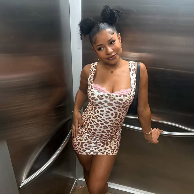 Women's Spring Sexy Lace Patchwork V-Neck Bodycon Leopard Dress 9