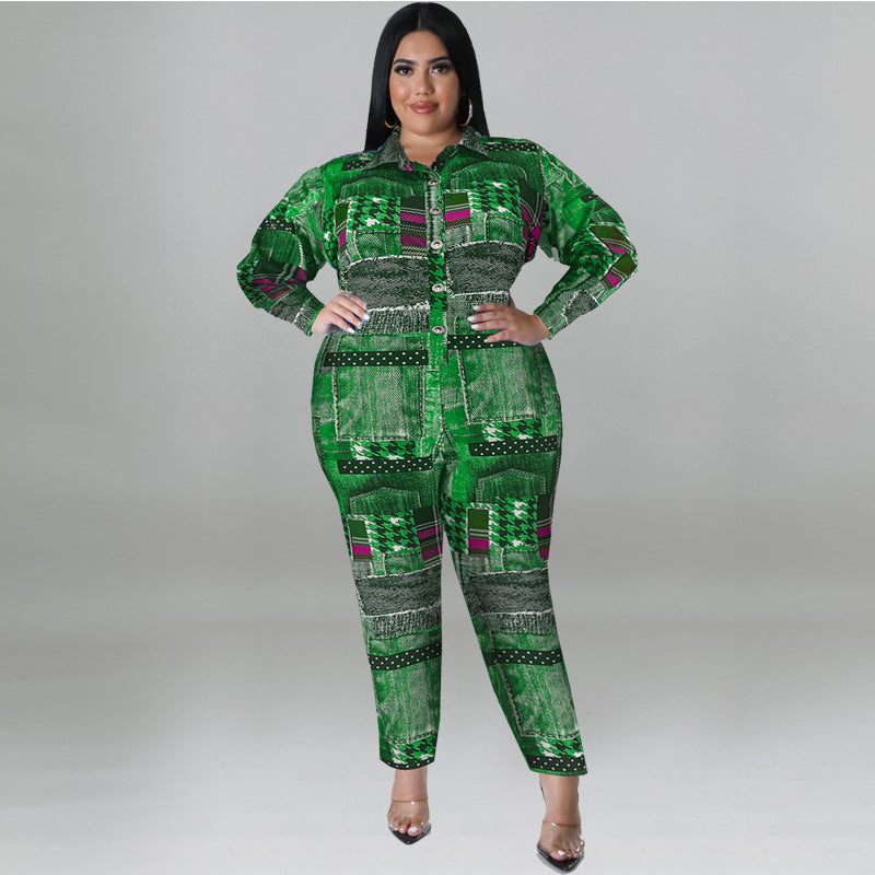 Plus Size Women's Fall Print Long Sleeve Jumpsuit