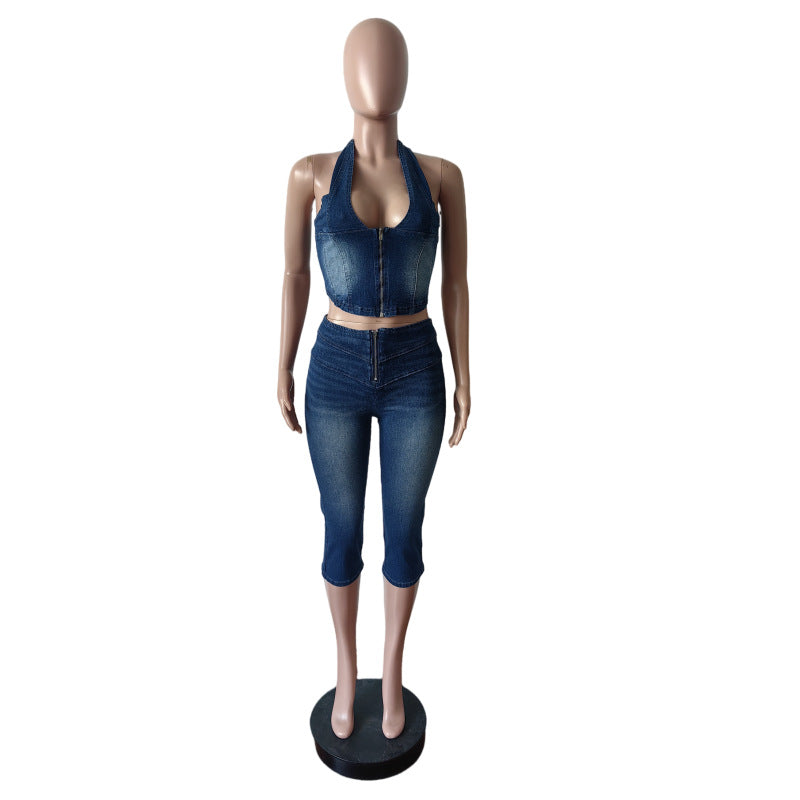 Women Strapless Halter Neck Lace-up Stretch Denim Top and Capri Two Piece Set 10