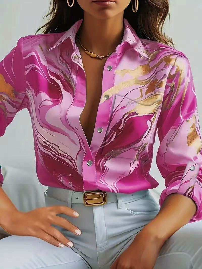 Autumn Fashion Women Casual Loose Button Long Sleeve Print Shirt 3