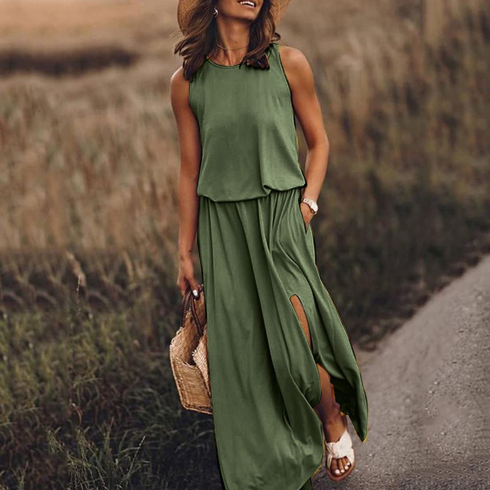 Summer Women's Trendy Retro Round Neck Sleeveless Slit Solid Color Casual Dress 6