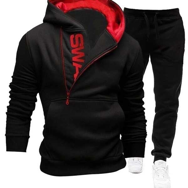 Men's Side Zip Contrast Hood Fleece Hoodies Sweatpants Two Piece Set 14