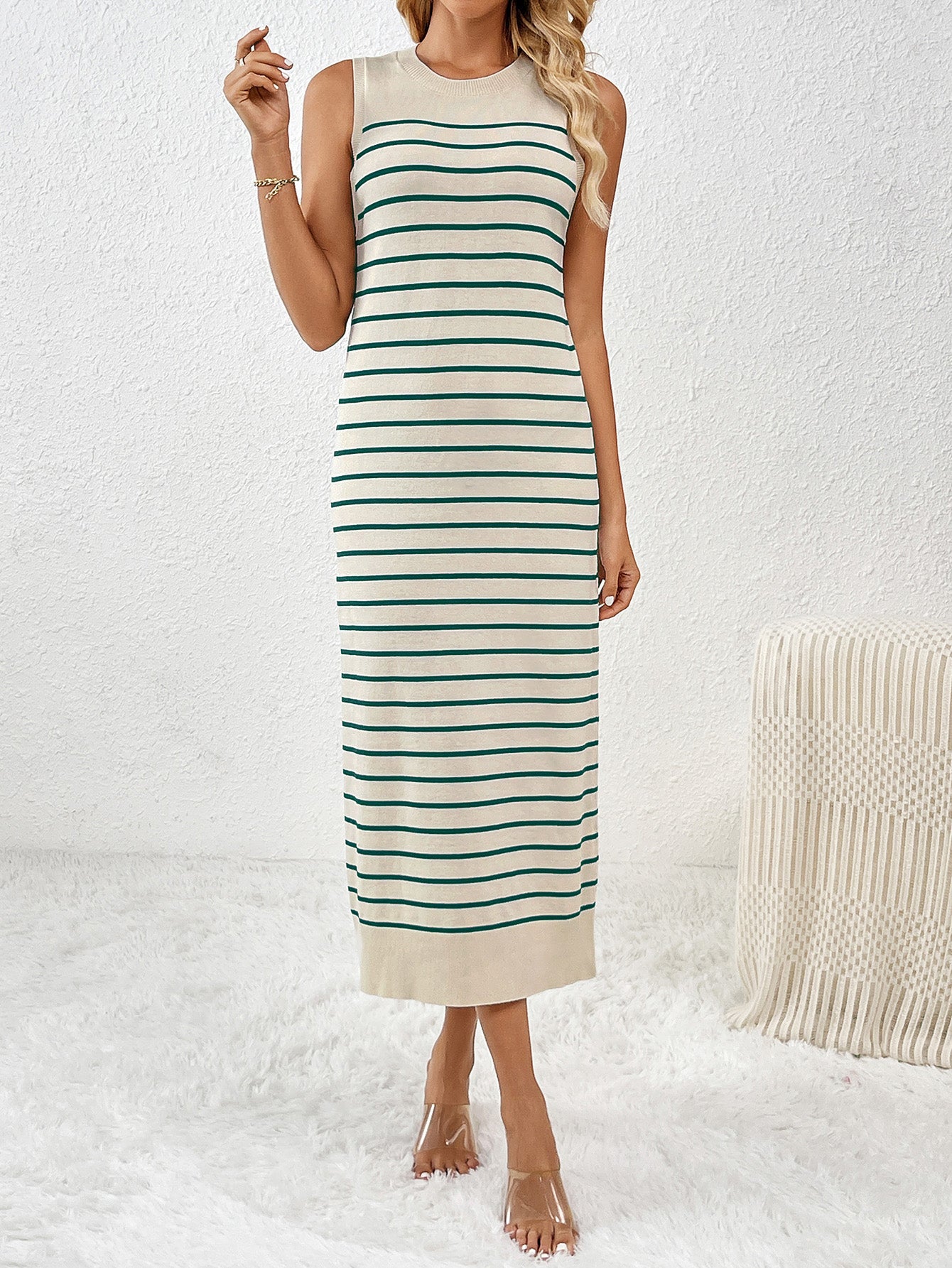Spring And Summer Slim Women's Striped Knitting Sleeveless Fashion Long Dress 3