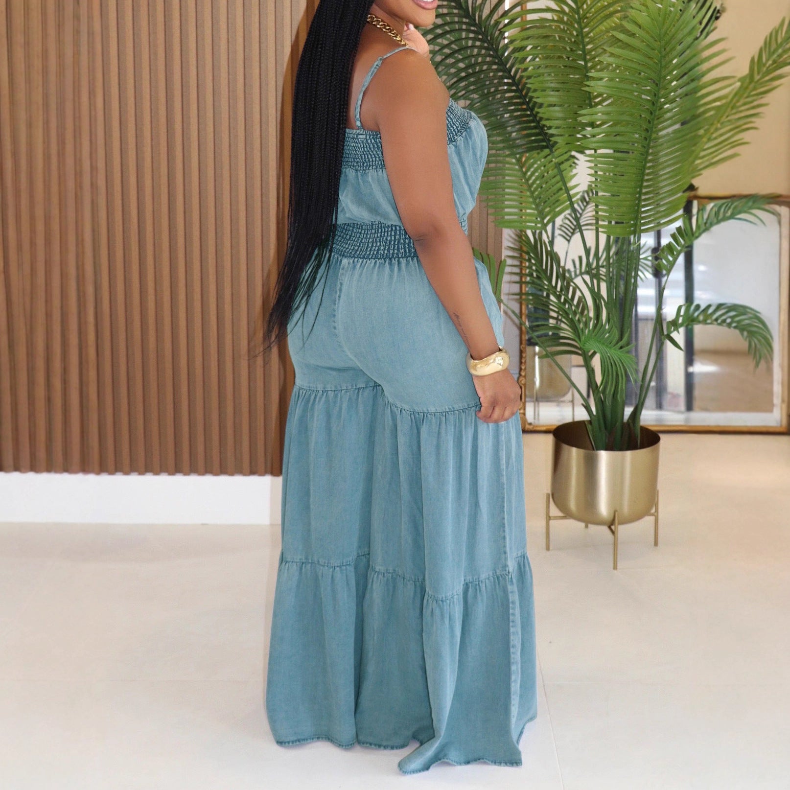 Women Denim Solid Strapless Sleeveless Wide-Leg Jumpsuit