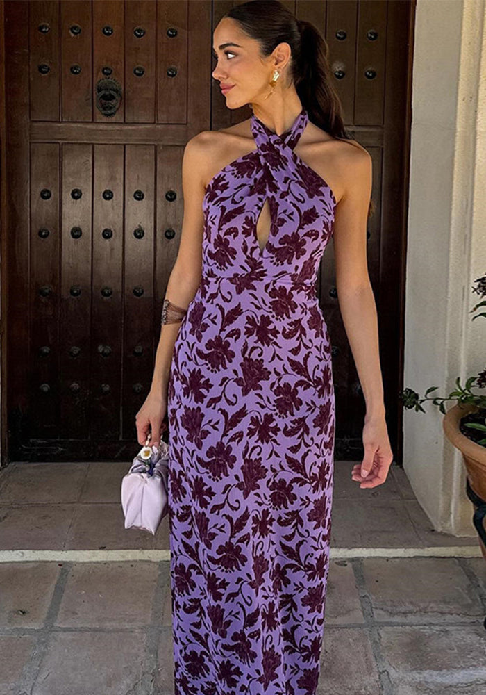 Spring Summer Women's Printed Halter Neck Lace-up Sexy Low-Back Slim Dress