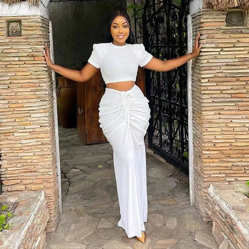 Women sexy pleated short-sleeved top and Drawstring Pleated Skirt Two-piece Set 8