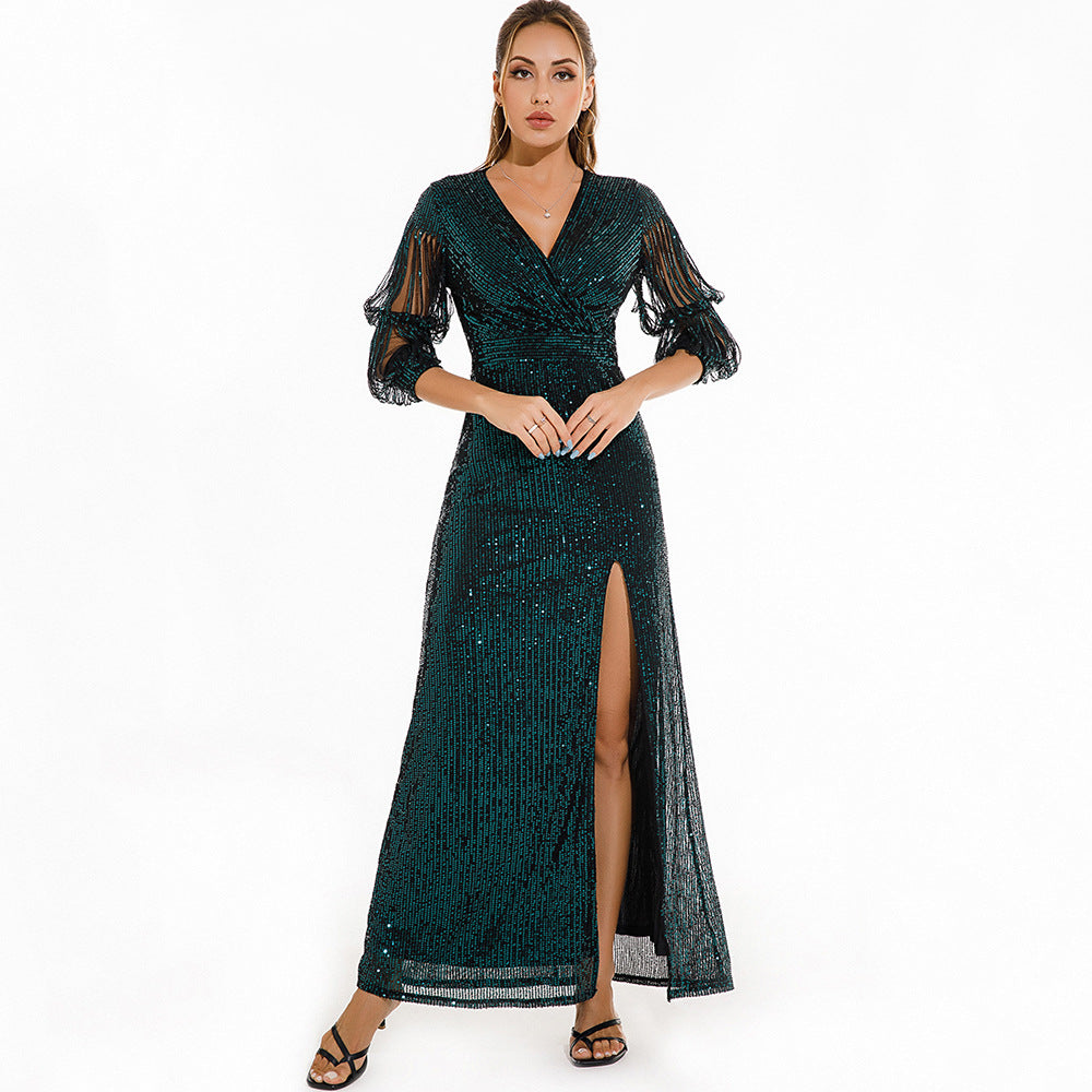 Women Sexy Vintage Green Sequin Dress 7