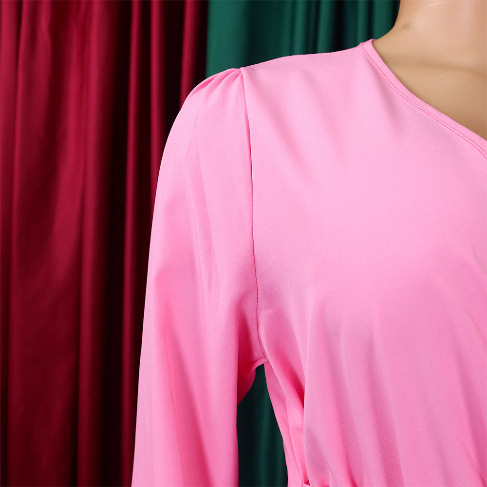 V-Neck Chic Elegant Slim Waist Belted Pleated High Waist Plus Size Dress 43