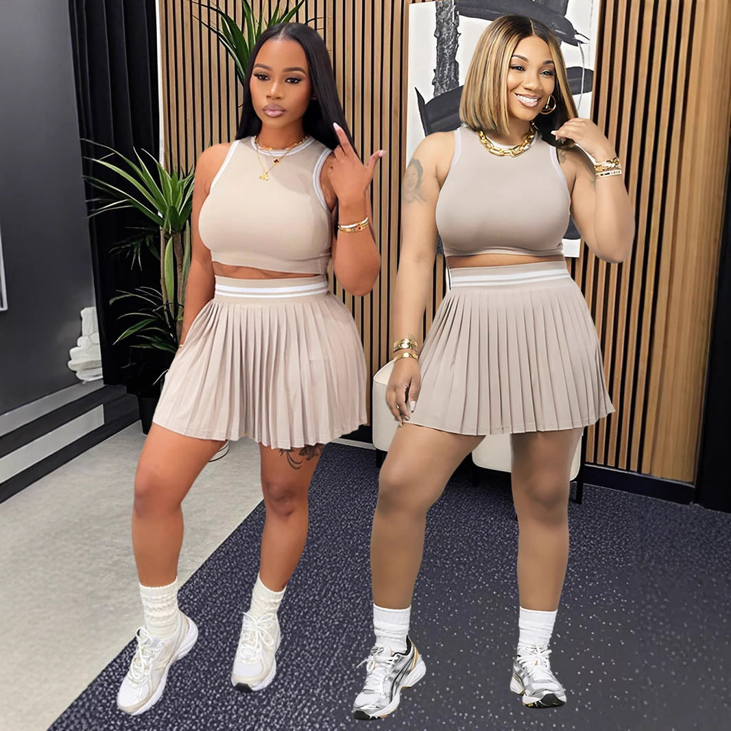 Women's Sleeveless Pleated Vest and Skirt Casual Set