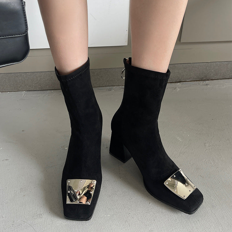 Patent Leather Square Toe Chunky Heel Short Boots for Women Autumn Suede Metal Buckle Martin Boots Back Zipper High Heel Naked Boots 5