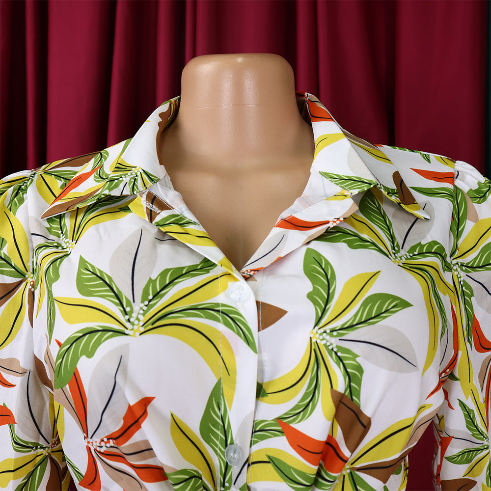 Fashionable Women's Printed Turndown Collar Lace-Up Long Sleeve Shirt 21