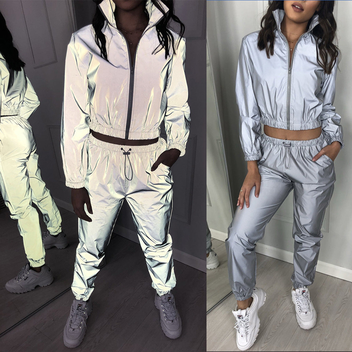 Women's Fashion Reflective Casual Two Piece Pants Set