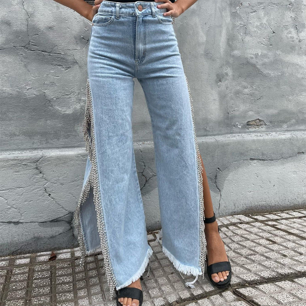 Women's Summer Style Trendy Split Chain Denim Pants 3