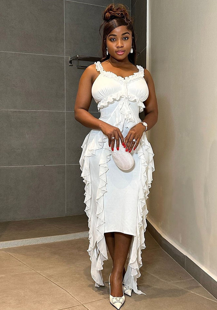 Sexy Strap Ruffled Solid Color Women's Fashion Slim Long Dress