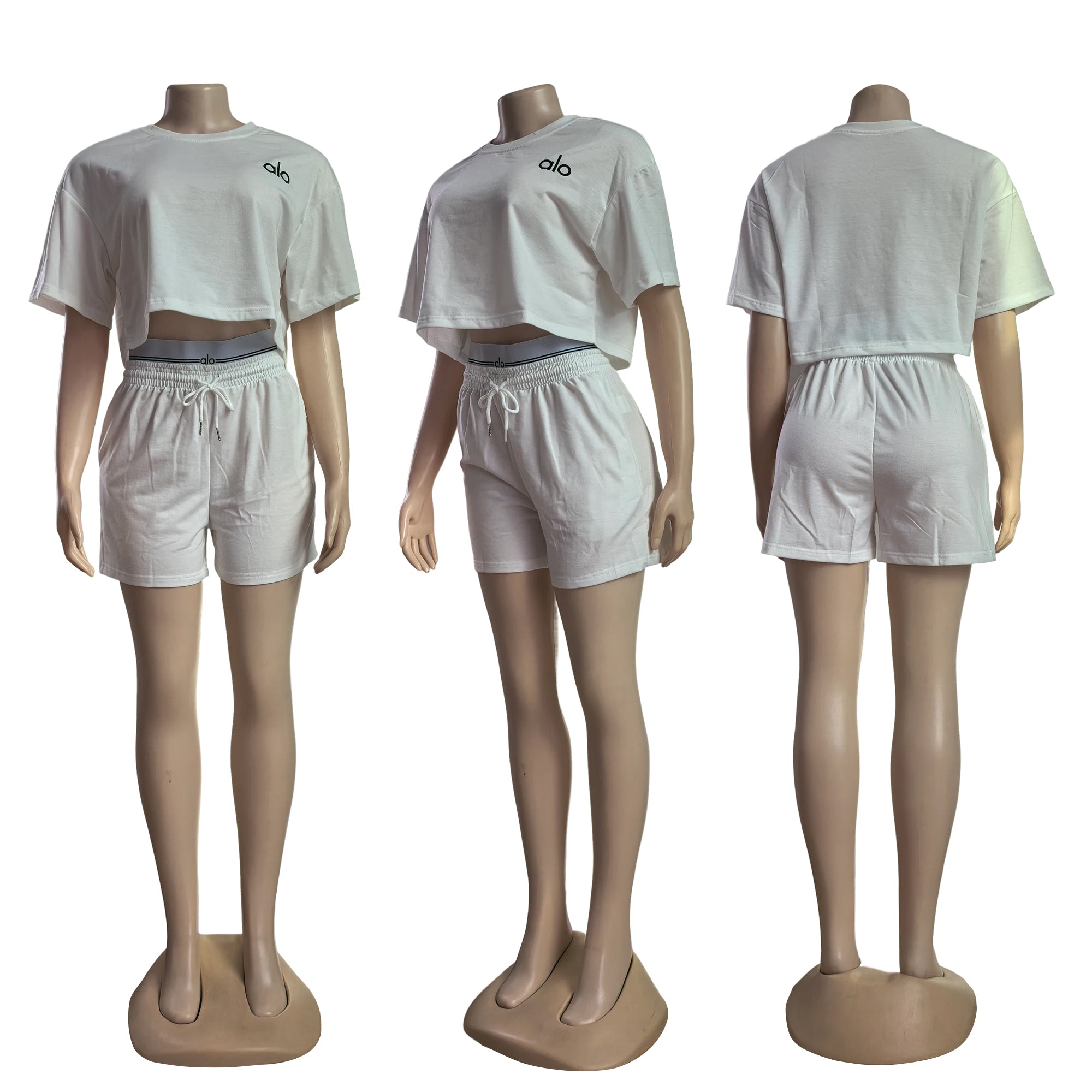 Women Summer Solid Embroidered Round Neck Short Sleeve Top Shorts Two-Piece Set 5