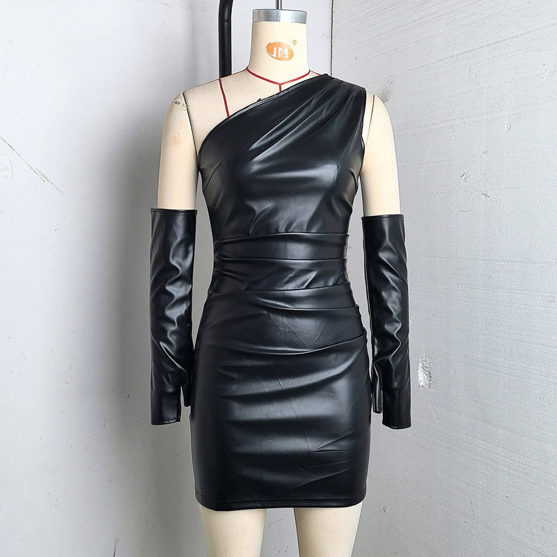 Women Pu-Leather Slash Shoulder Sleeveless Sleeve Bodycon Dress
