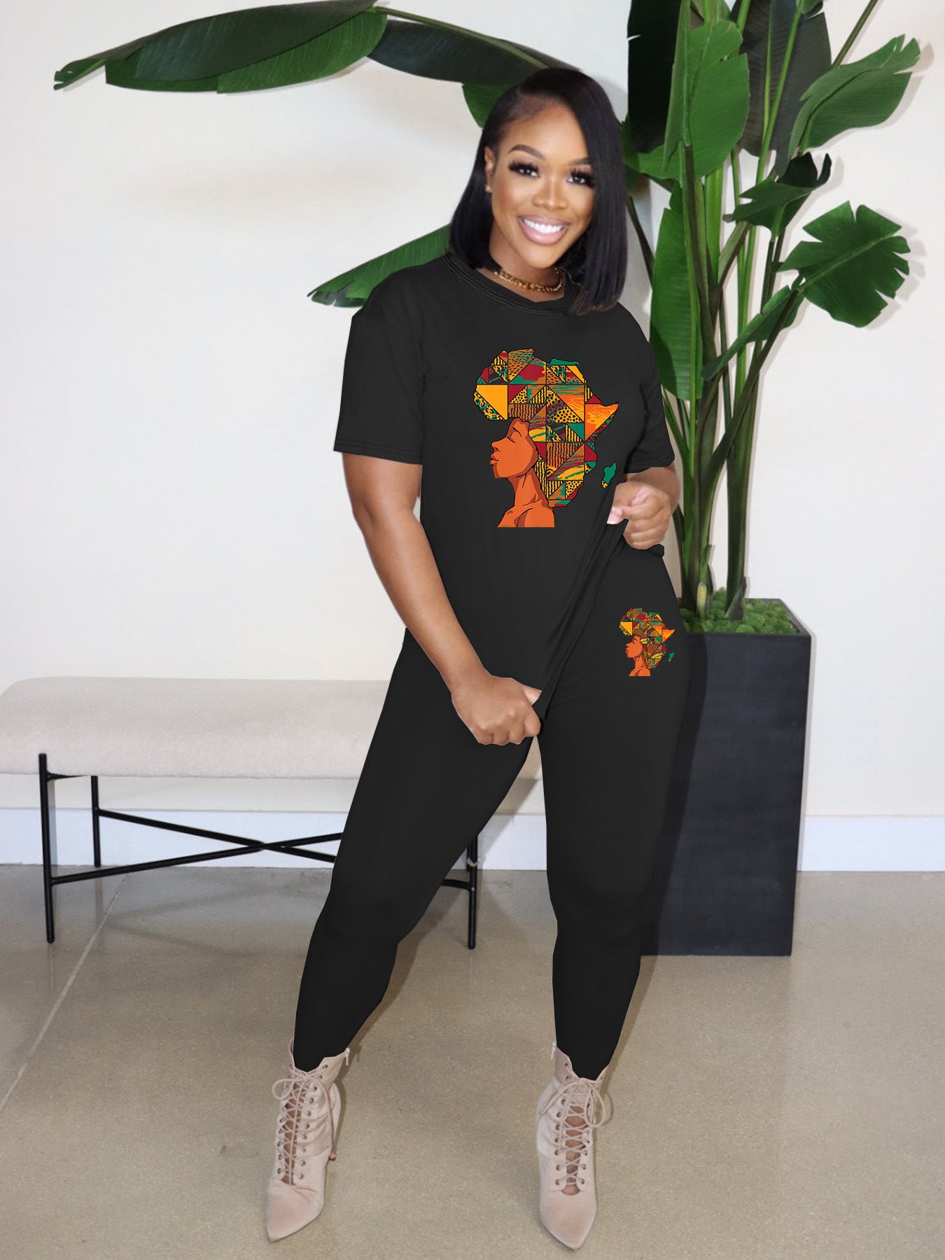 Women's Clothing Print Fashion Casual Short Sleeve Two-Piece Pants Set