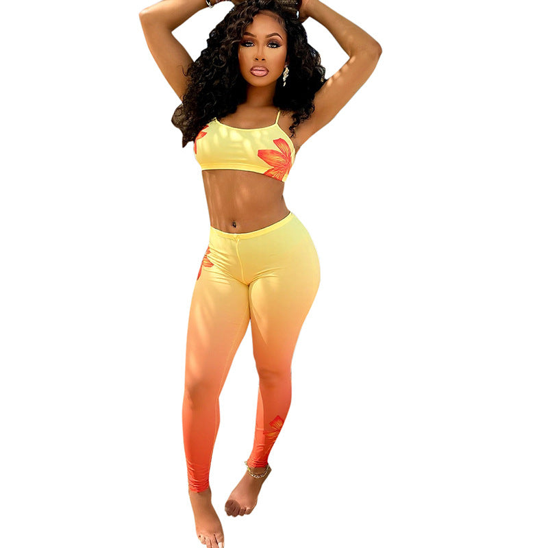 Women Sexy Floral Gradient Printed Camisole Vest Top and Trousers Two-Piece Set 15
