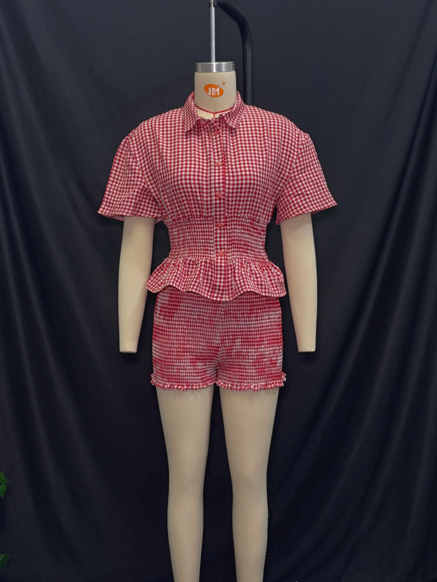 Summer sweet red and white plaid short-sleeved turndown collar shorts set 9