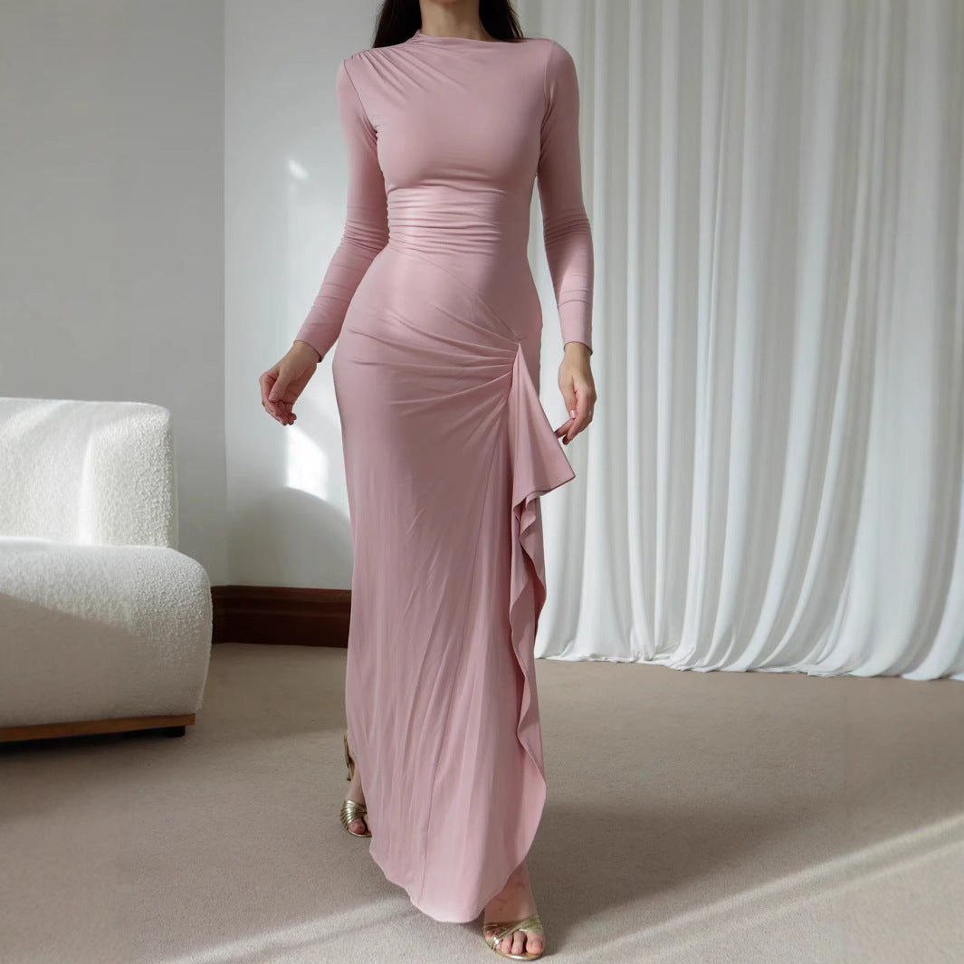 Women elegant Slash Shoulder collar pleated high collar long sleeve irregular slit dress 6