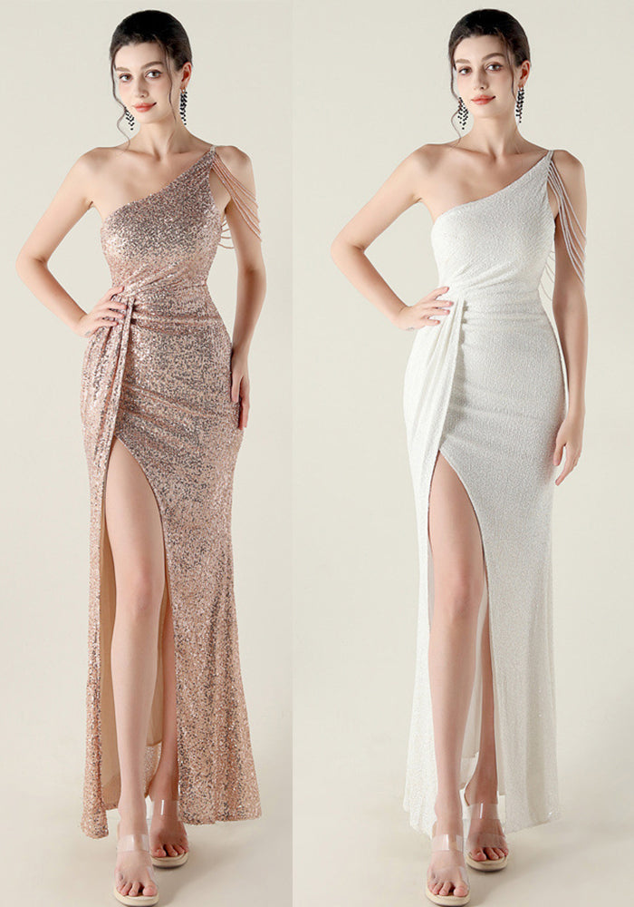 Women one-shoulder Slash Shoulder sequined beaded chain Formal Party evening dress