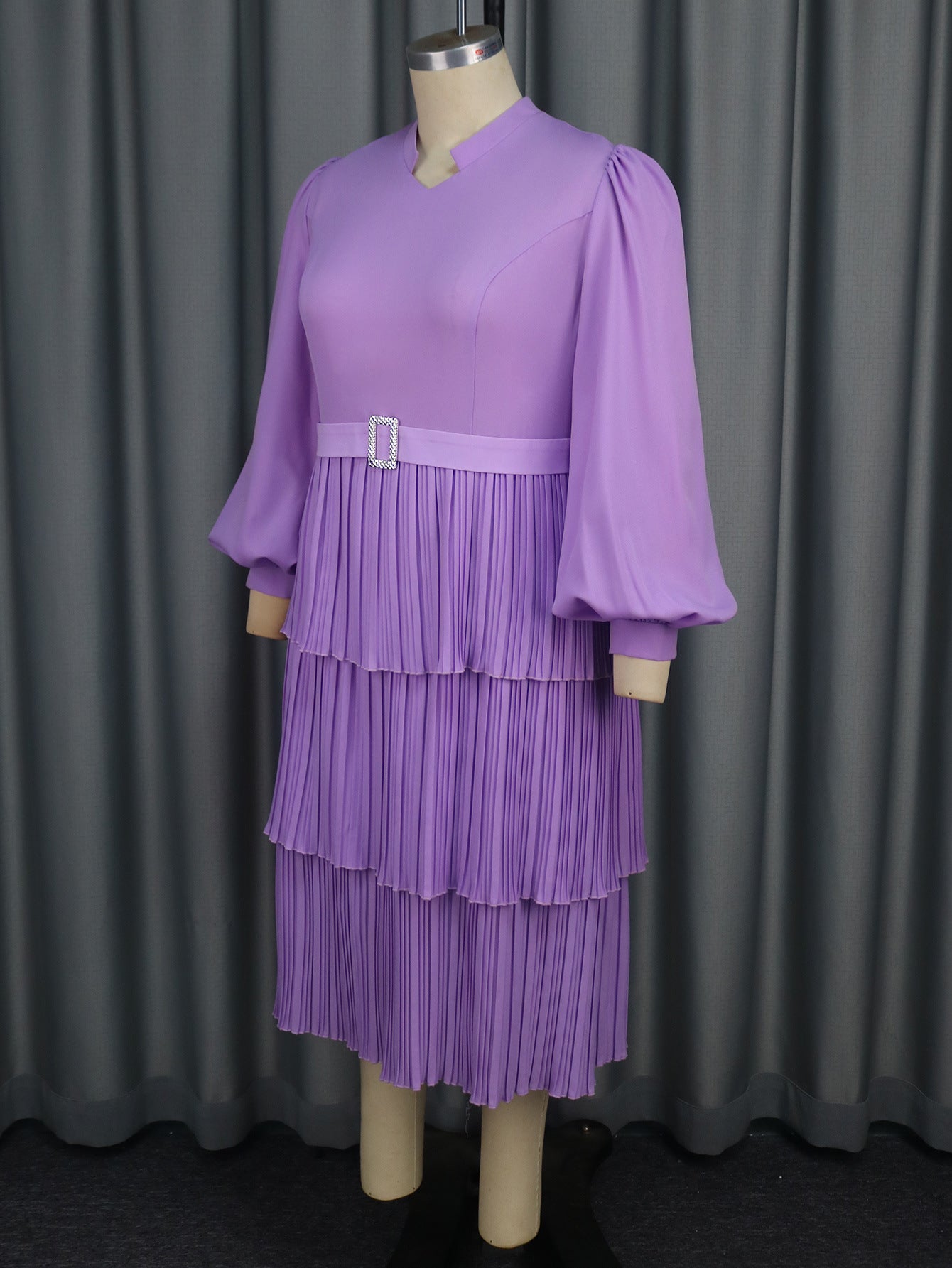 Women Spring and Summer Lantern Sleeve Pleated Cascading Ruffles Dress 8