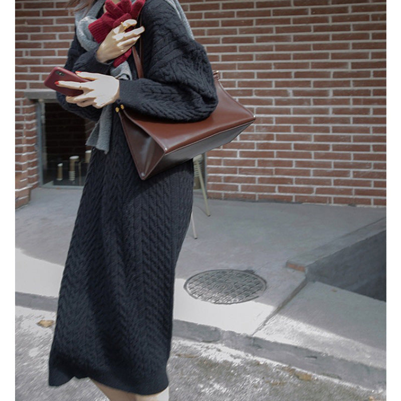 Autumn and winter v-neck retro style twist embossed pullover sweater Casual Knitting Basic dress for women 5