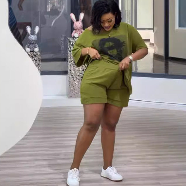 Women Printed Slash Shoulder Top and Shorts Two-piece Set 4