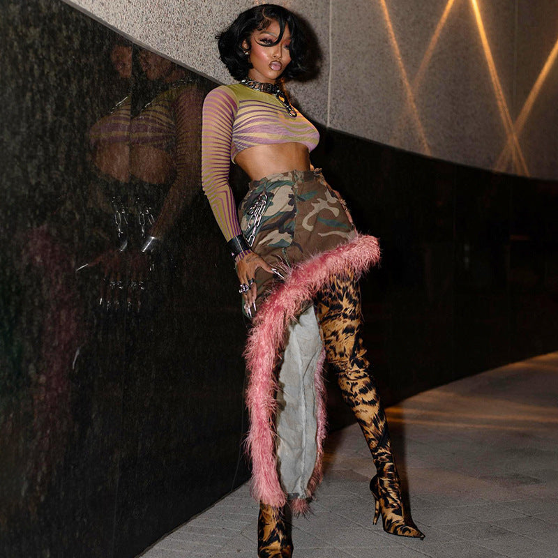 Women camouflage pink fur patchwork bevel irregular skirt