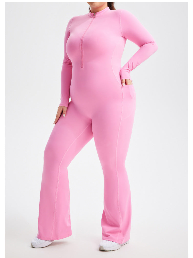 Plus Size Zipper Long Sleeve Fitness Sport Bell Bottom Jumpsuit Tight Fitting Yoga wear 6