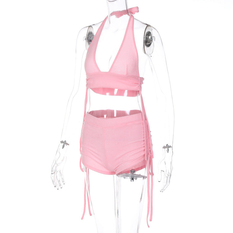 Summer Women's Sexy Halter Neck Wrapped Bust Slim Fit Ruched Shorts Two Piece Fashion Set 10