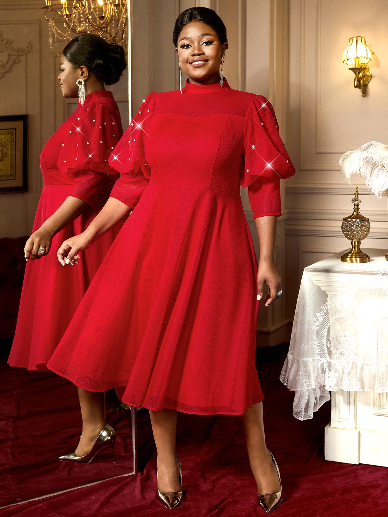 Plus Size Women Red Translucent Lantern Sleeve Half High Neck Elegant Dress 4